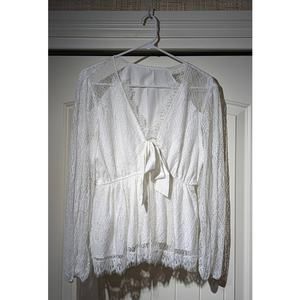 Unbranded White Lace Long Sleeve Tie Front Elastic Waist Blouse Womens Sz XL